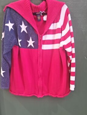 Women's Patrotic Zip-Front Cardigan with Star & Stripe Design 2x
